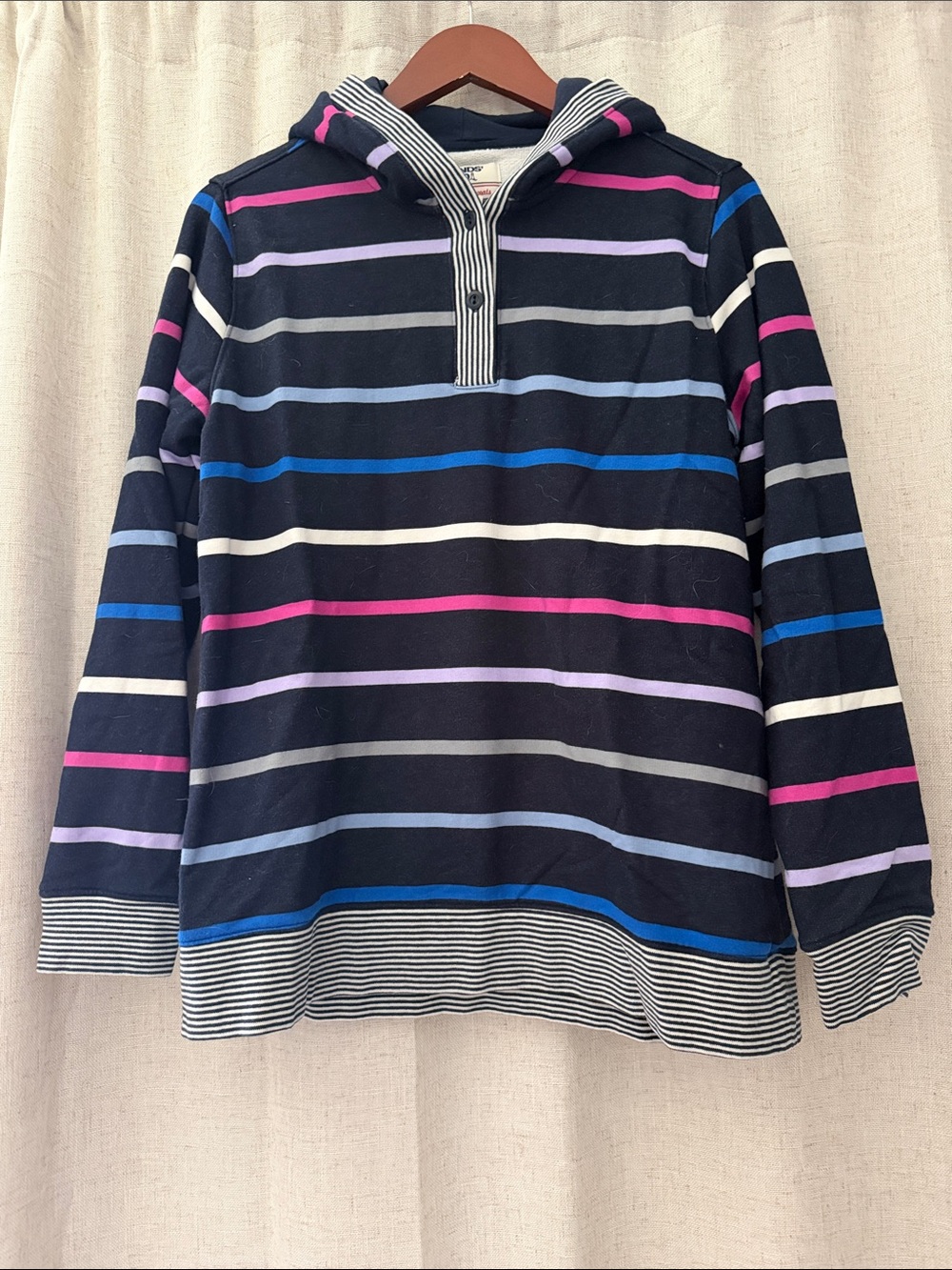 Lands' End Navy Hooded Pullover with White and Purple Stripes